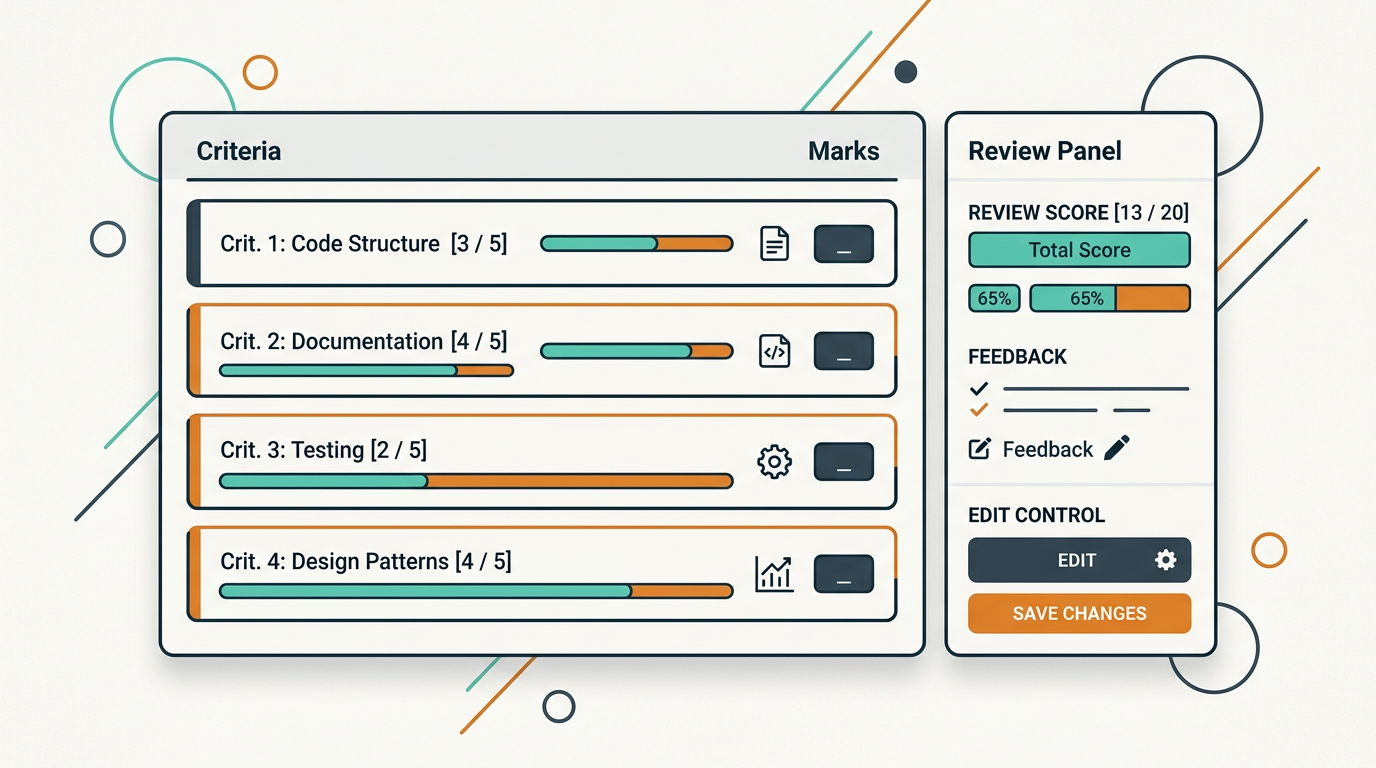A marking rubric editor beside a score breakdown review panel