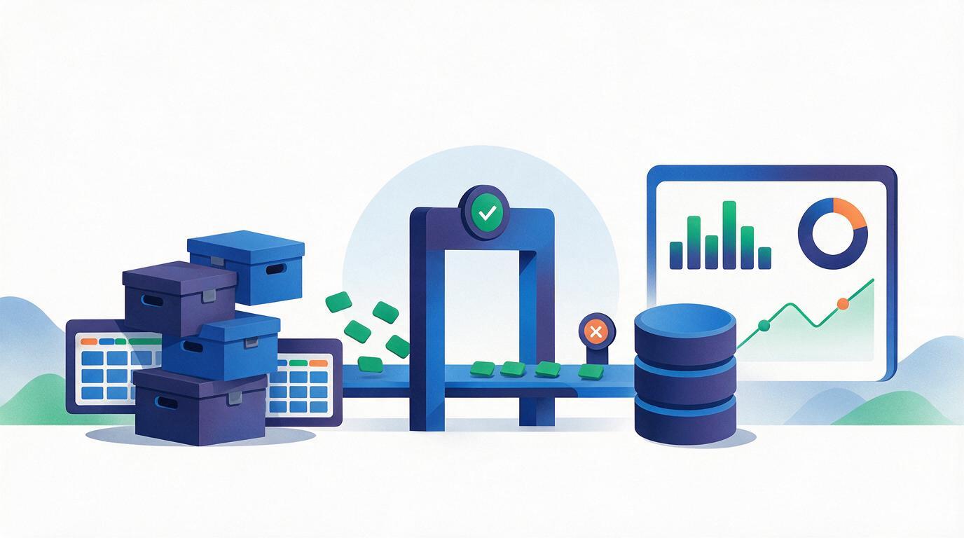 Legacy spreadsheets and archives passing through validation into a structured platform