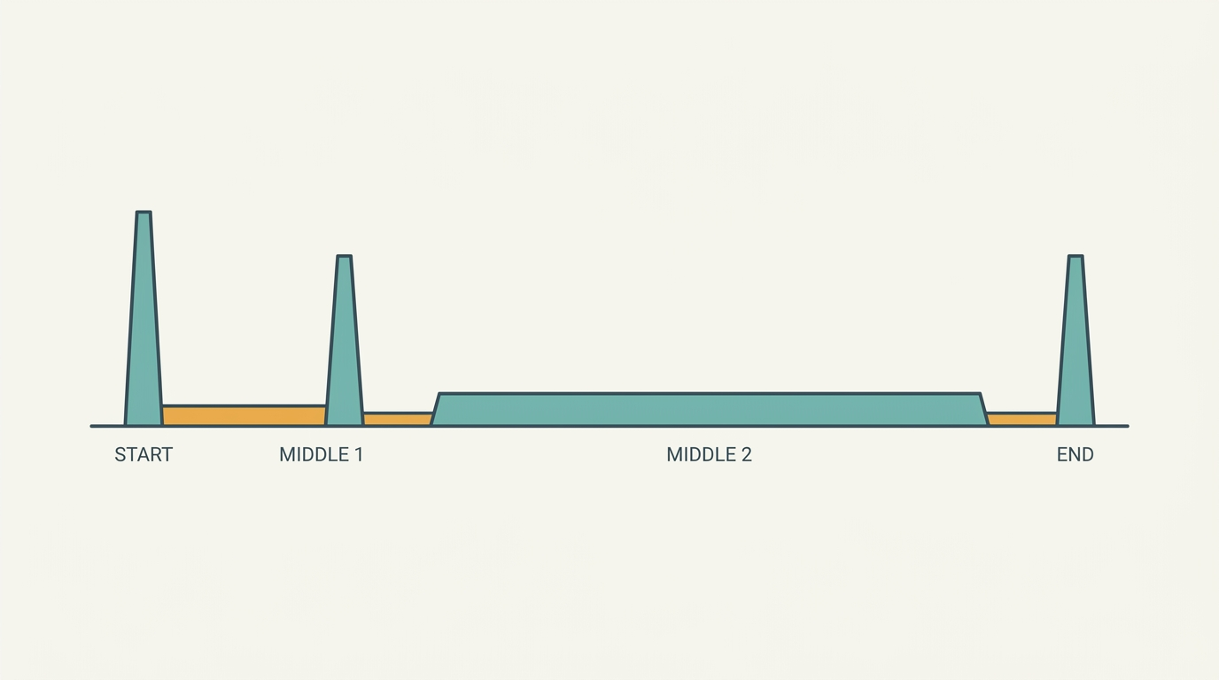 A timeline of exam day showing two tall spikes at the start, a low flat middle, and a spike at the end