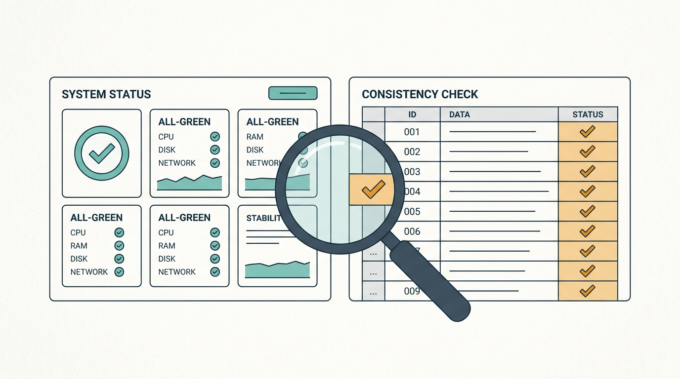 A monitoring dashboard showing green checks beside a database view where records are individually verified