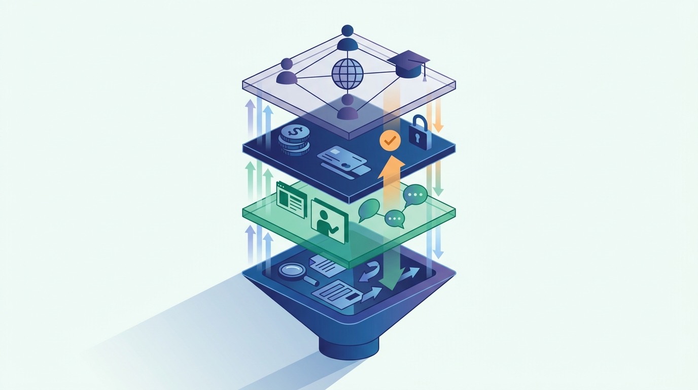 Unified platform layers spanning lead capture, live teaching, payments and alumni community