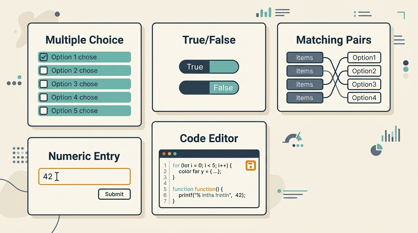 A grid of question type cards including multiple choice, matching, numeric and coding