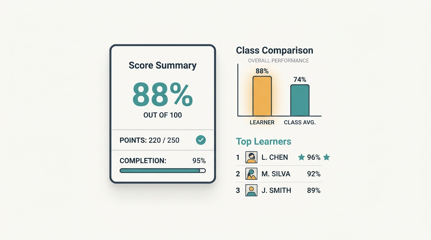 A learner result report showing score summary, comparison against class average and a leaderboard