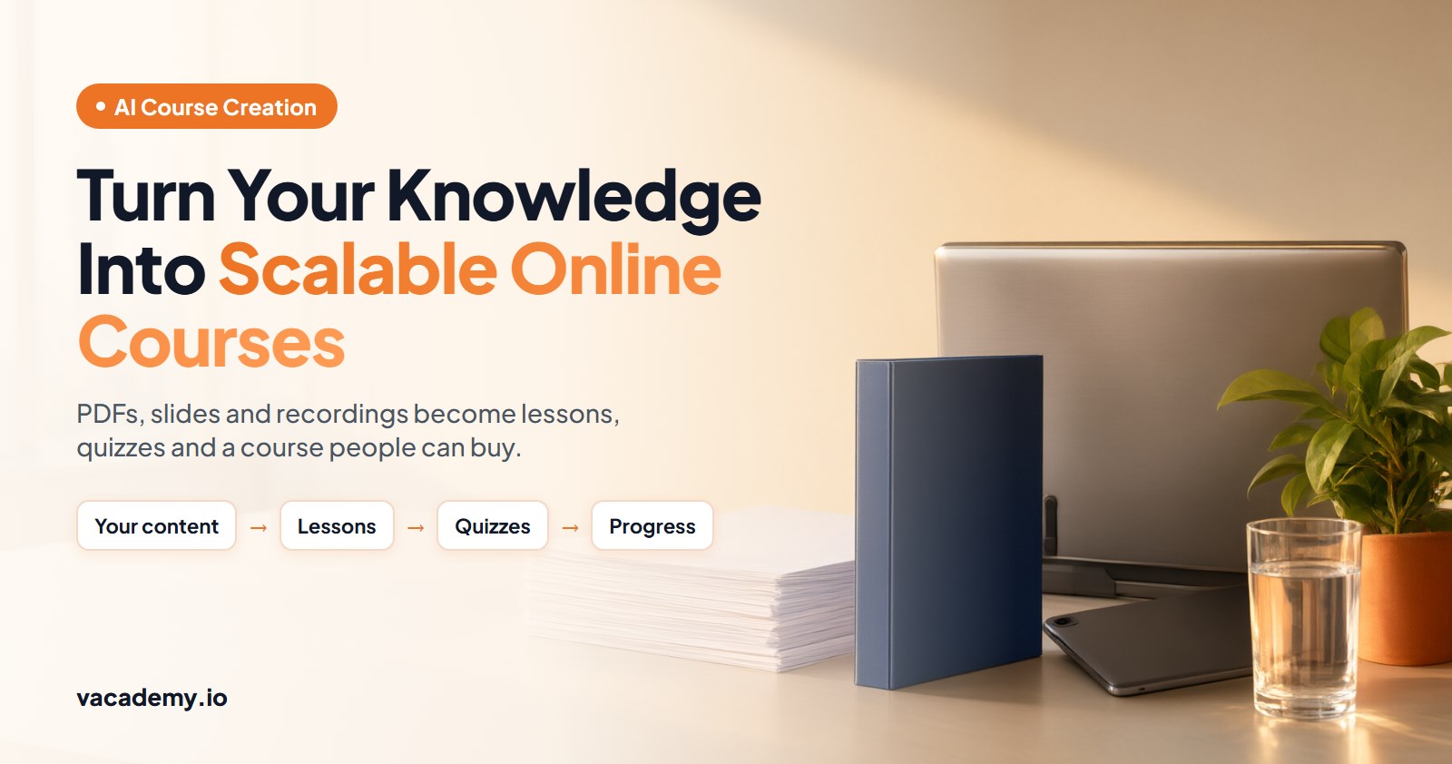 Banner: AI Course Creation, turn your knowledge into scalable online courses, over an office desk with a laptop, documents and a binder
