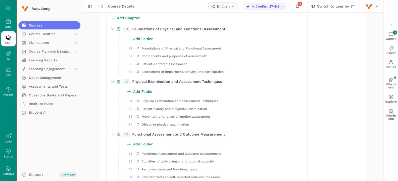 Vacademy course outline made by the AI Course Builder: three chapters on physical assessment, each with four lesson pages