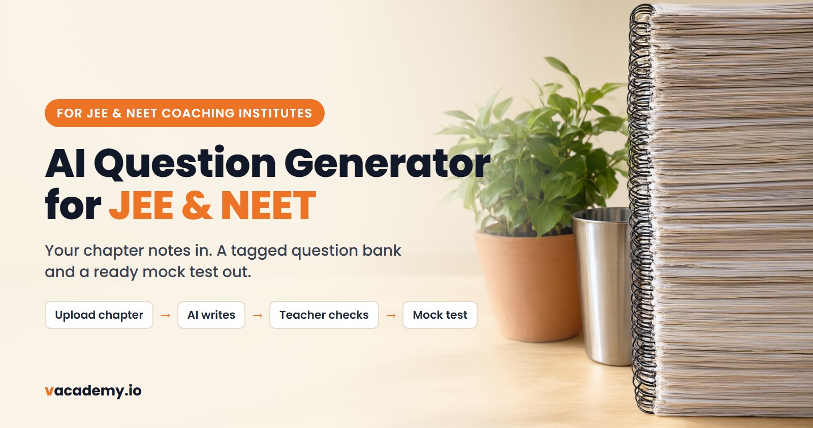 Cover: AI Question Generator for JEE and NEET, beside a tall stack of spiral-bound chapter modules on a coaching institute desk