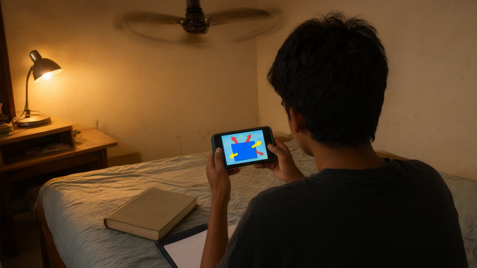 A student in a small rented room at night watching an animated physics diagram on a phone, with a closed textbook beside them