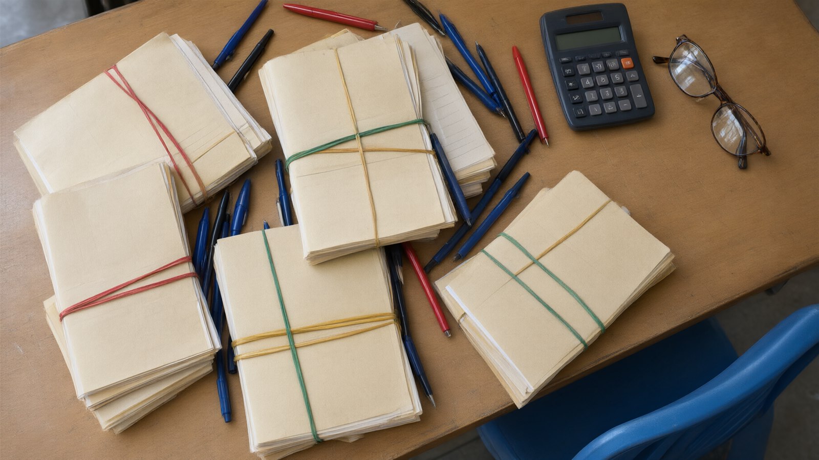 Bundles of JEE and NEET mock test answer booklets tied with rubber bands on a table, with pens, a calculator and reading glasses