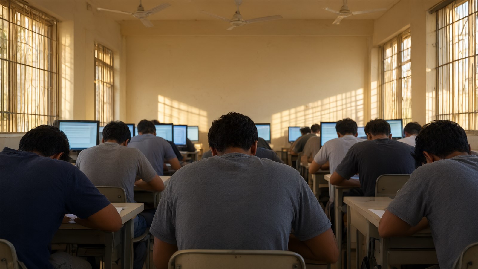 Students taking an online mock test in a coaching institute computer lab, seen from behind