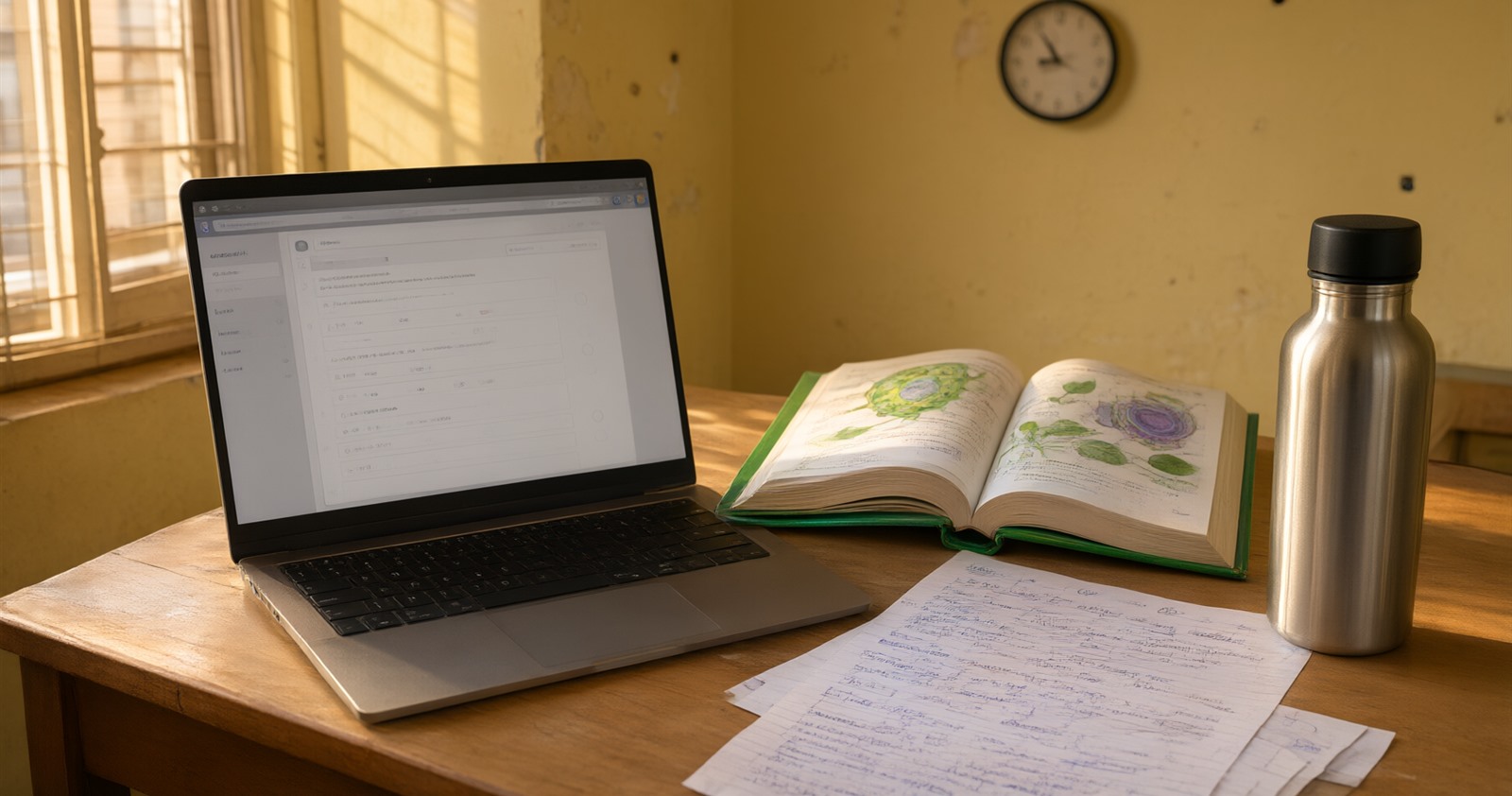 A NEET aspirant at a study desk with a laptop showing an online test, an NCERT Biology textbook and handwritten notes