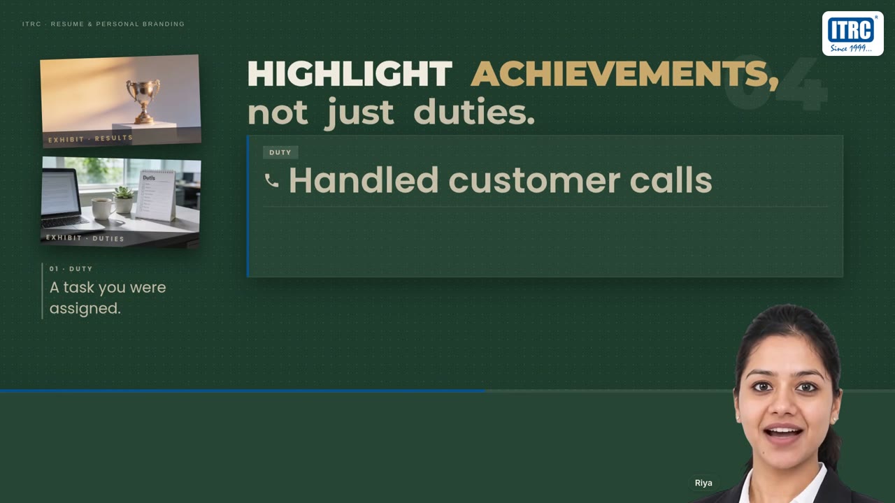 Video scene: Highlight achievements, not just duties. The duty Handled customer calls is shown, ready to be rewritten