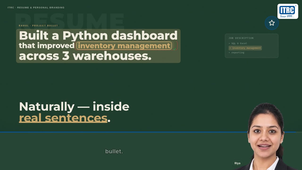 Video scene: Built a Python dashboard that improved inventory management across 3 warehouses, with the keywords highlighted inside the sentence