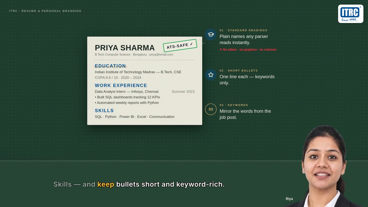 Video scene: Priya Sharma's resume marked ATS-safe, with plain headings, short bullet points and keywords from the job post