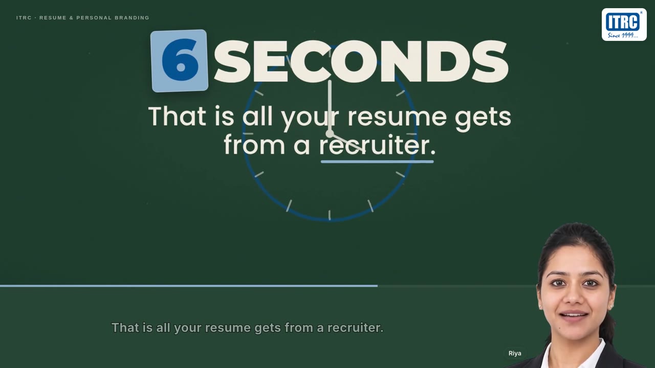 Video scene: 6 seconds. That is all your resume gets from a recruiter. A clock face sits behind the words