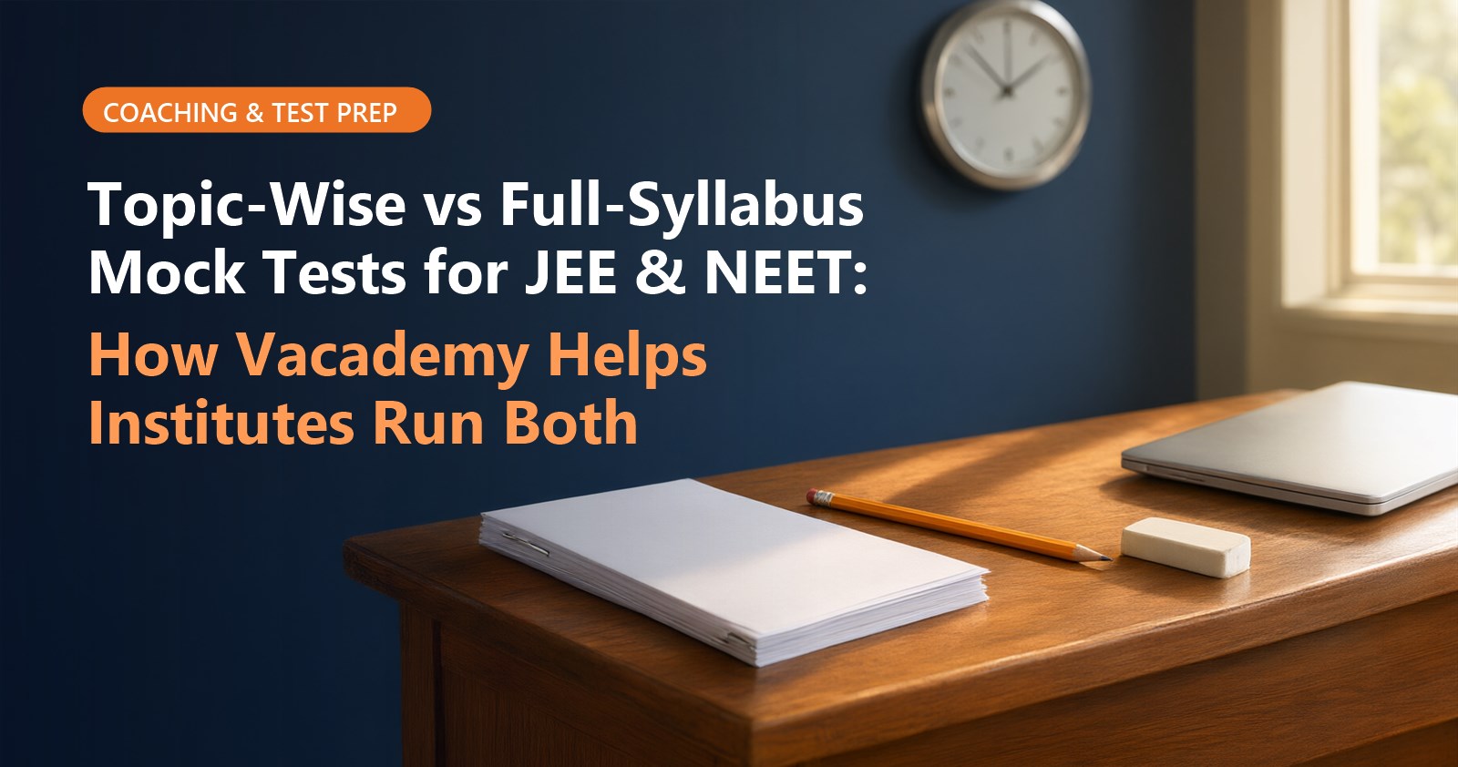 A teacher's desk in a coaching classroom in morning light, with a stapled test booklet, a pencil, a closed laptop and a wall clock, and the title: Topic-Wise vs Full-Syllabus Mock Tests for JEE & NEET: How Vacademy Helps Institutes Run Both