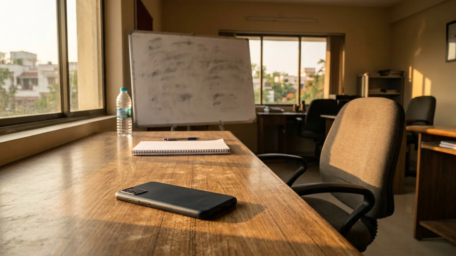 An empty institute desk with a switched-off phone — the two-week test for a scalable learning business